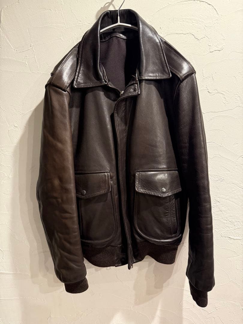 ダークブラウン ボア襟 ボンバージャケット　レザージャケット　48