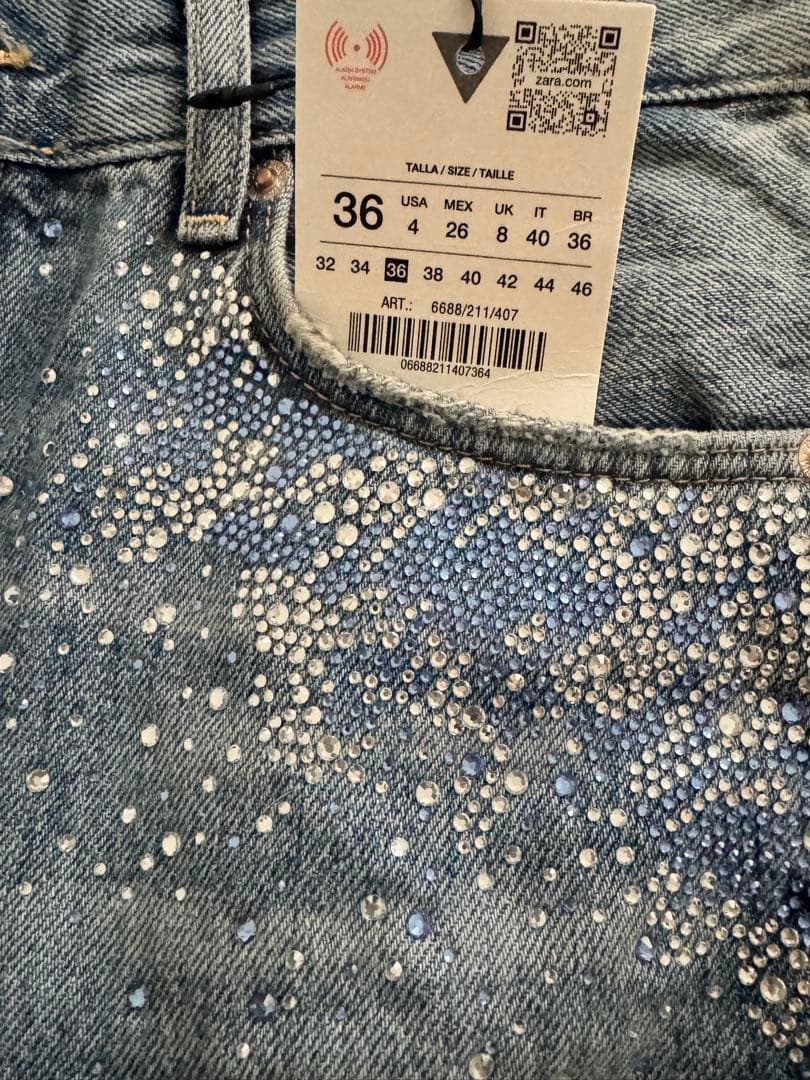 ZARA ダメージ加工　ラインストーン　ワイドレッグ　デニムパンツ　36 新品