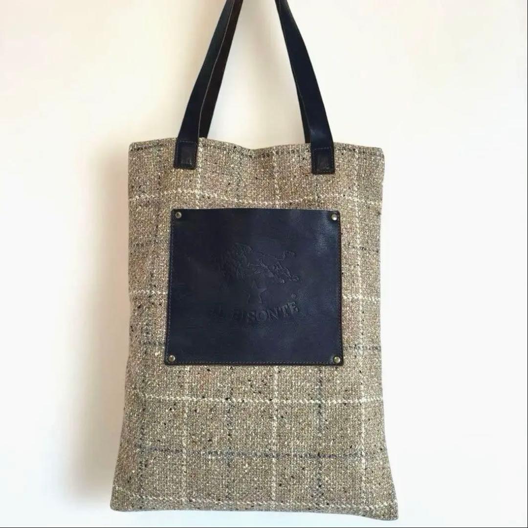 IL BISONTEイルビゾンテ ウール本革 チェックトートバッグ ベージュ