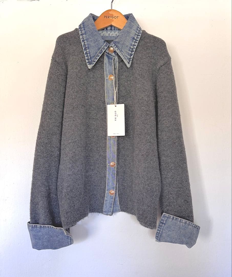 新品タグ付⭐︎PLUS OTO.HA デニム×ニット異素材コンビネーションシャツ