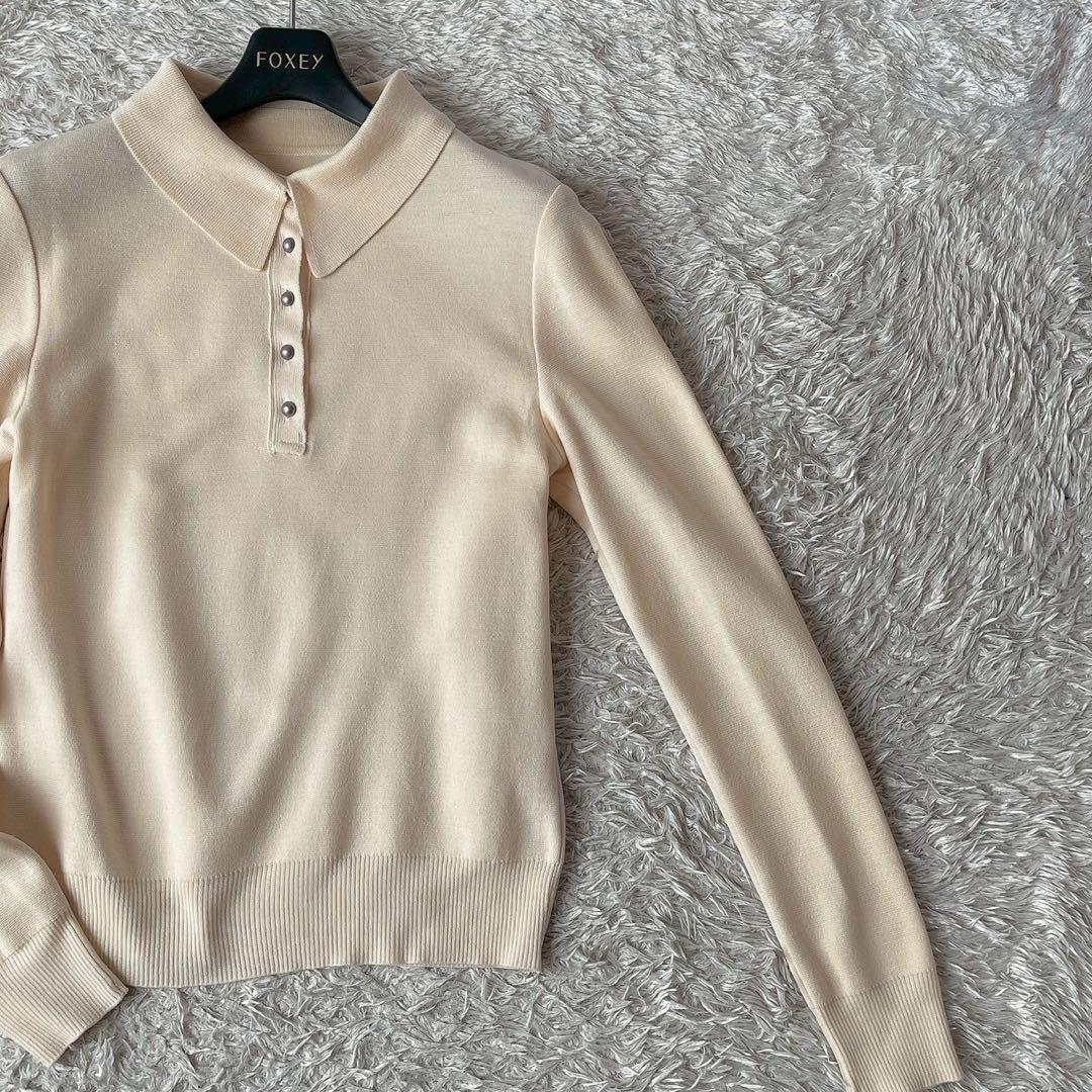 【美品】フォクシー ポロニットセーター ウール100％ 襟付きアイボリー