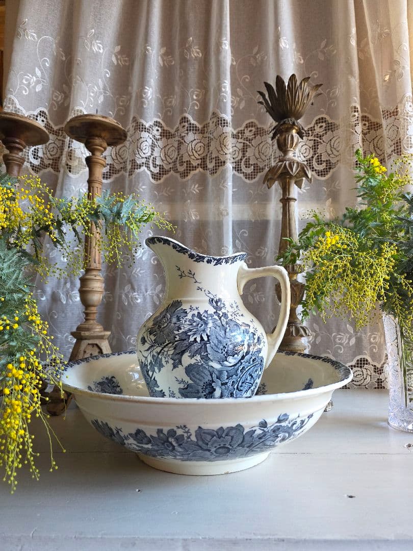 Saint-Amand窯のアンティークピシェとベイスン Anemoneアネモネ