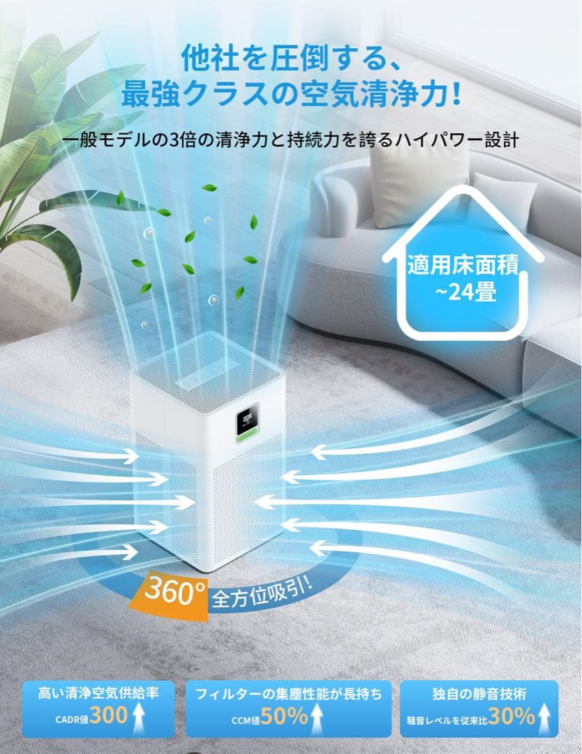 空気清浄機 ペット 24畳 小型 消臭 極静音 花粉対策 HEPAフィルター