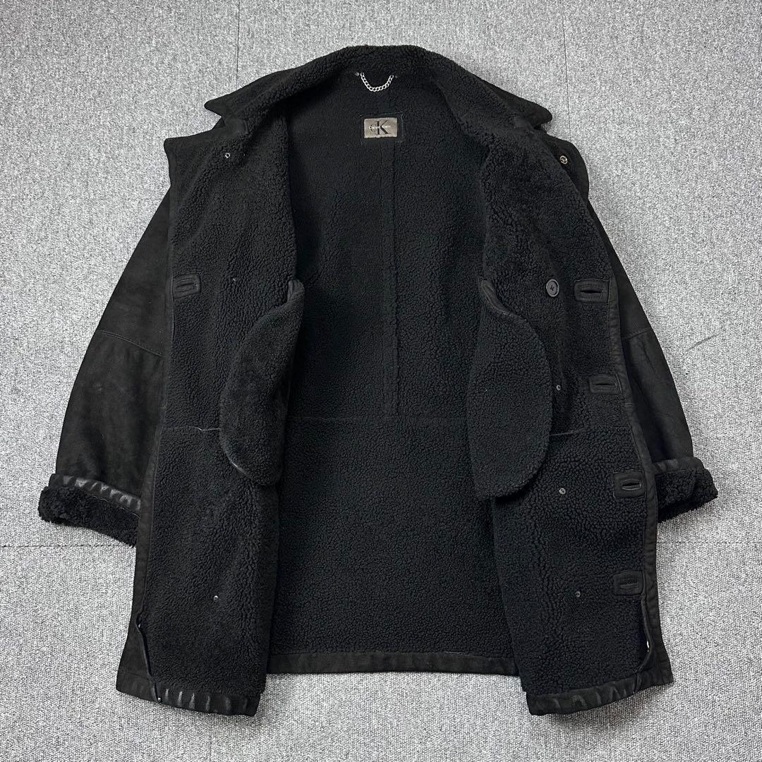 80s 90s カルバンクライン 本革 ムートンコート レザージャケット 黒