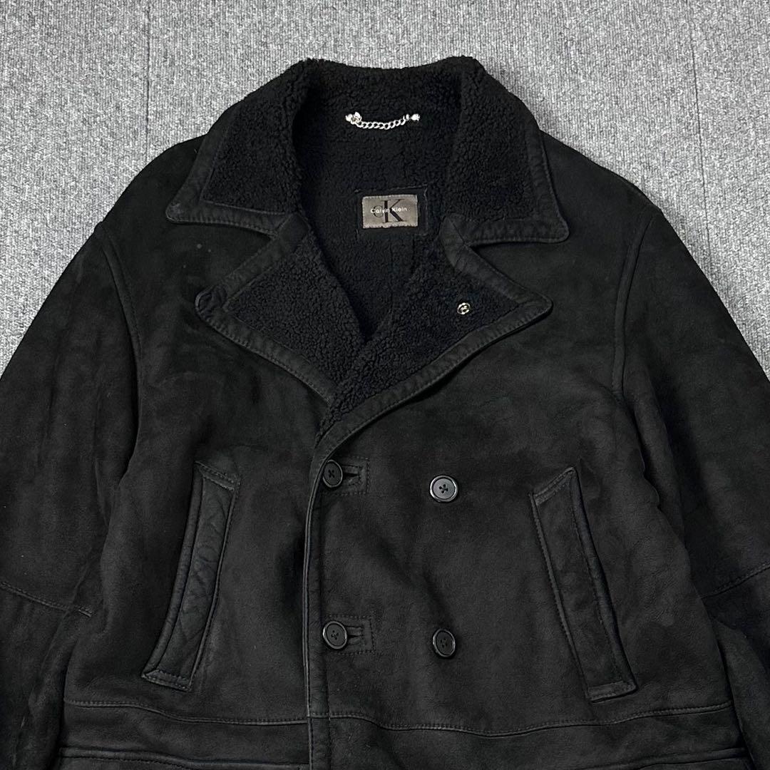80s 90s カルバンクライン 本革 ムートンコート レザージャケット 黒