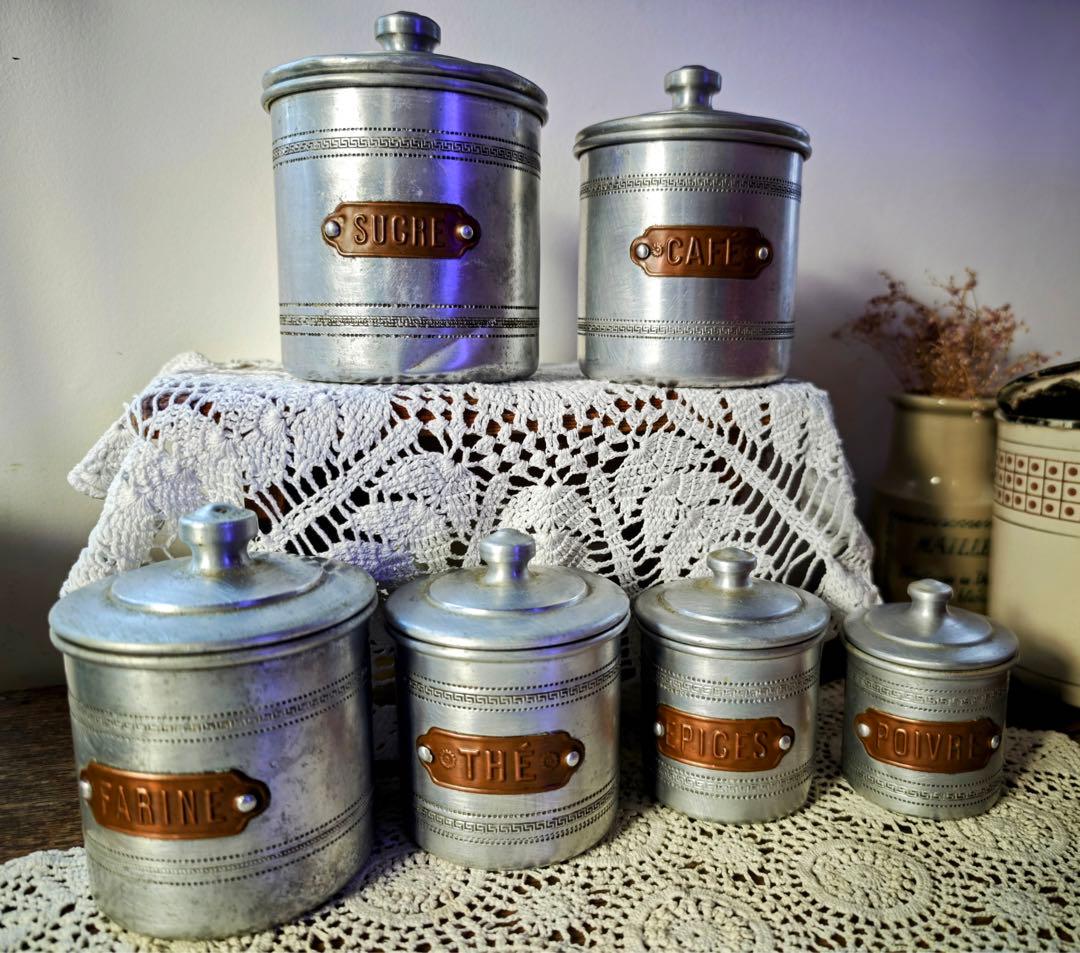 1930年代アルミキャニスター6缶セット　真鍮ラベル　フランスビンテージ