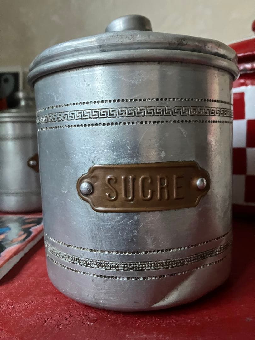 1930年代アルミキャニスター6缶セット　真鍮ラベル　フランスビンテージ