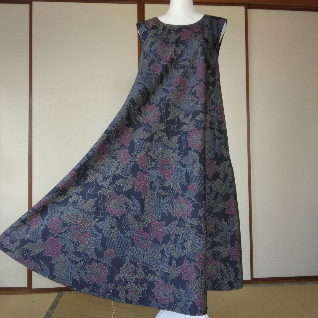 庄司さま専用　大島紬解き生地からバイアス仕立てロングフレアーワンピース2XL寸