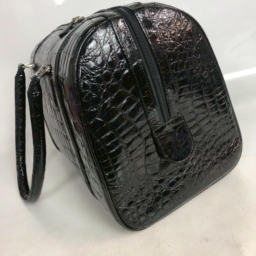 クロコダイル ハンドバッグ ミニボストンバッグ シャイニング加工 黒 ブラック