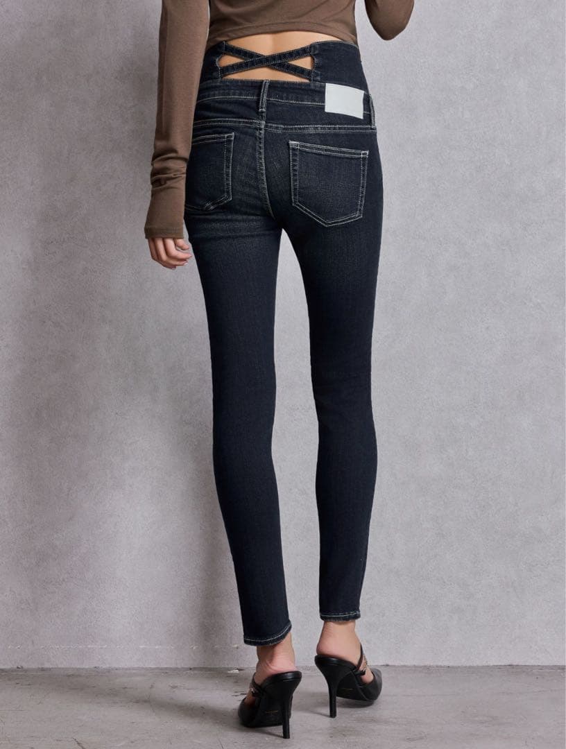 GYDA ハイウエストバッククロスダメージスキニーデニム　M インディゴ　ギャル