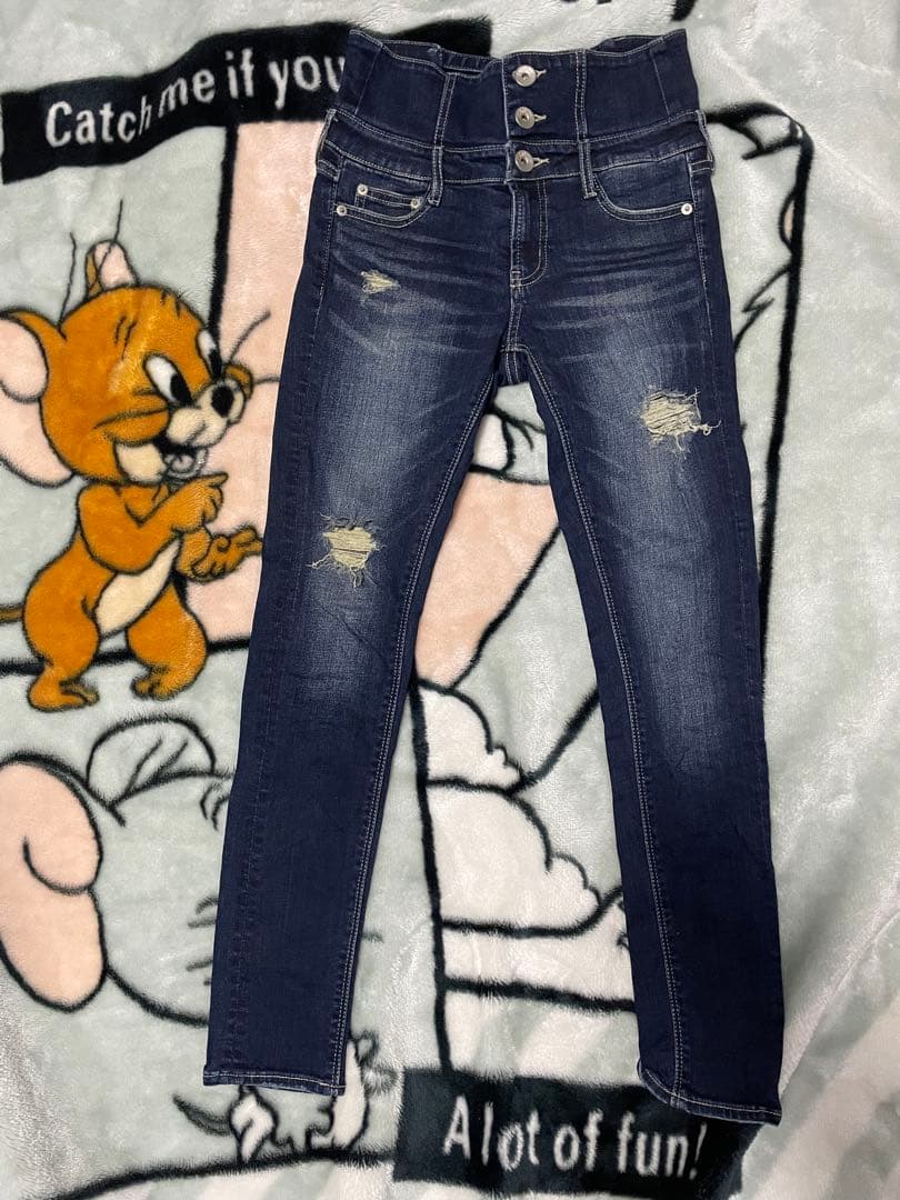 GYDA ハイウエストバッククロスダメージスキニーデニム　M インディゴ　ギャル