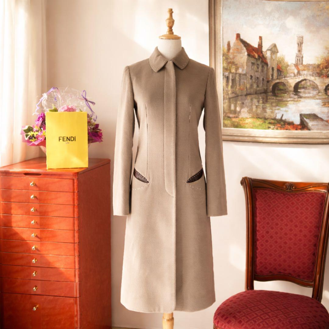 美品　FENDI フェンディ チェスター　本革　レザー　カシミヤブレンド コート
