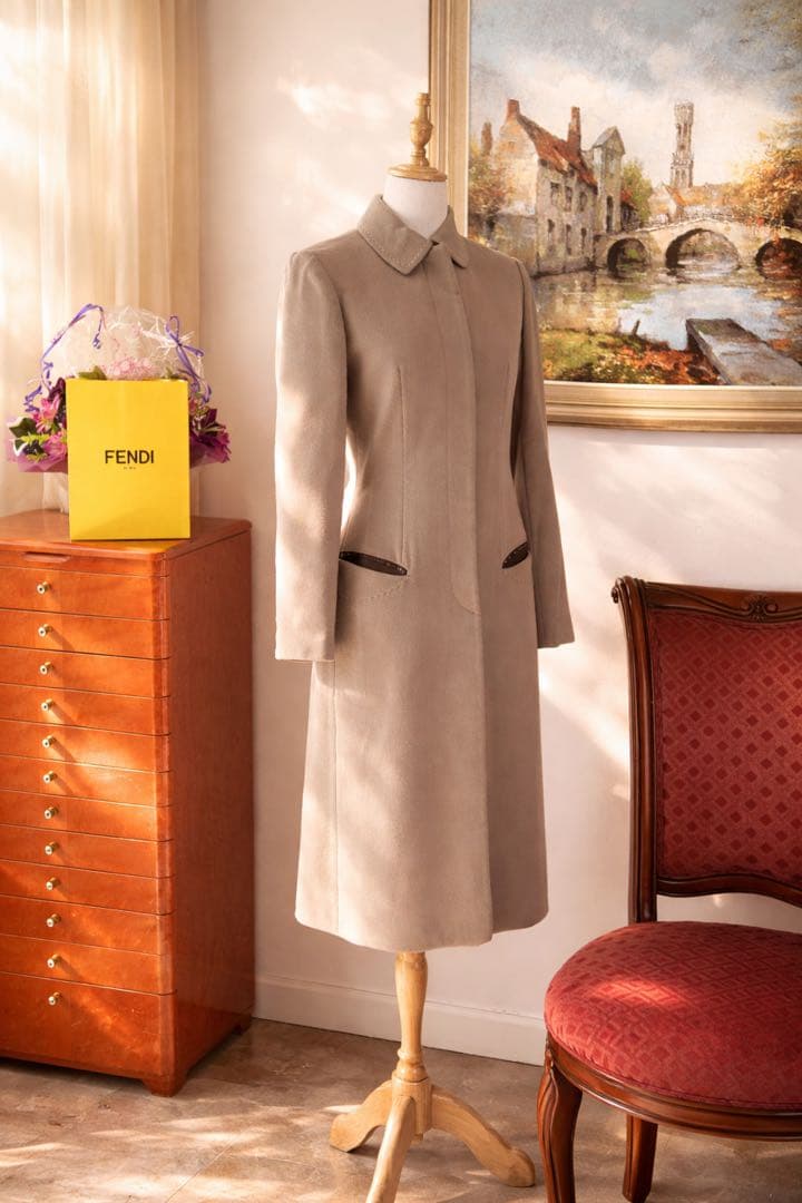 美品　FENDI フェンディ チェスター　本革　レザー　カシミヤブレンド コート