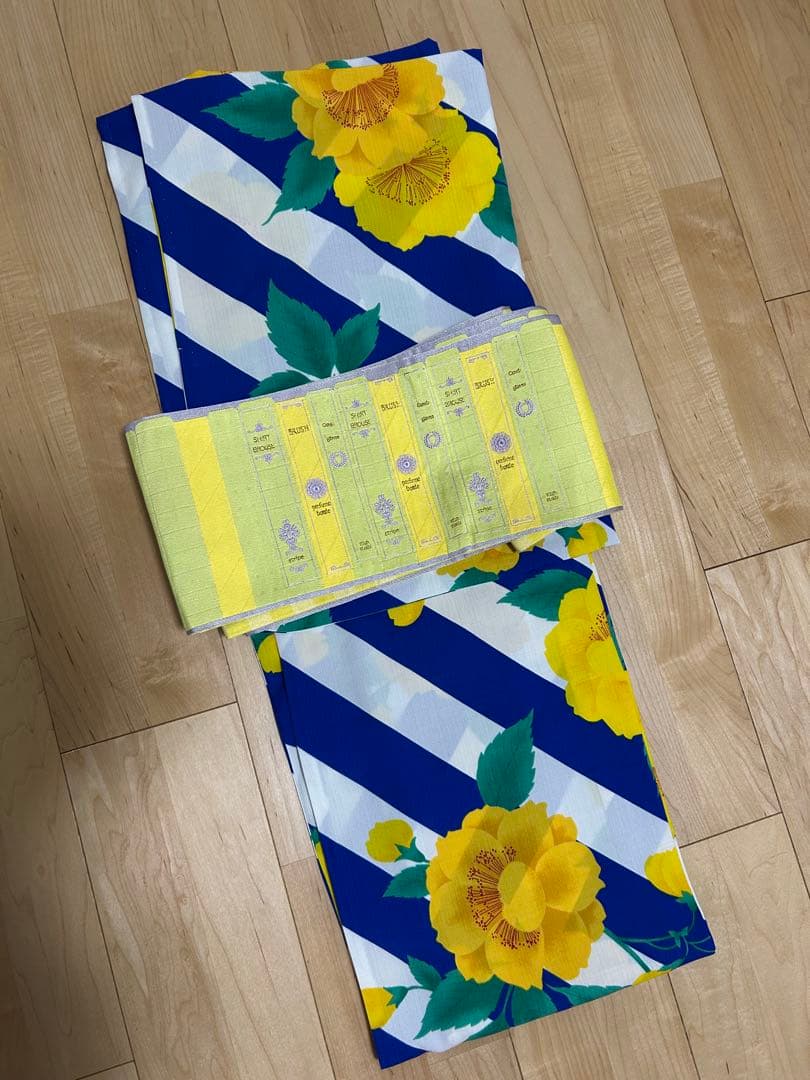 浴衣単品　撫松庵　花柄　青　白　ストライプ　黄色　セオアルファ　単衣