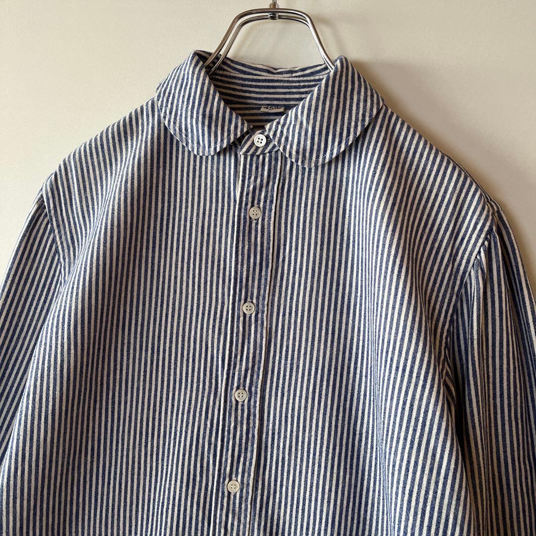 45R ストライプ柄 丸襟 コットンシャツ ブラウス 綿100% サイズ2 青白