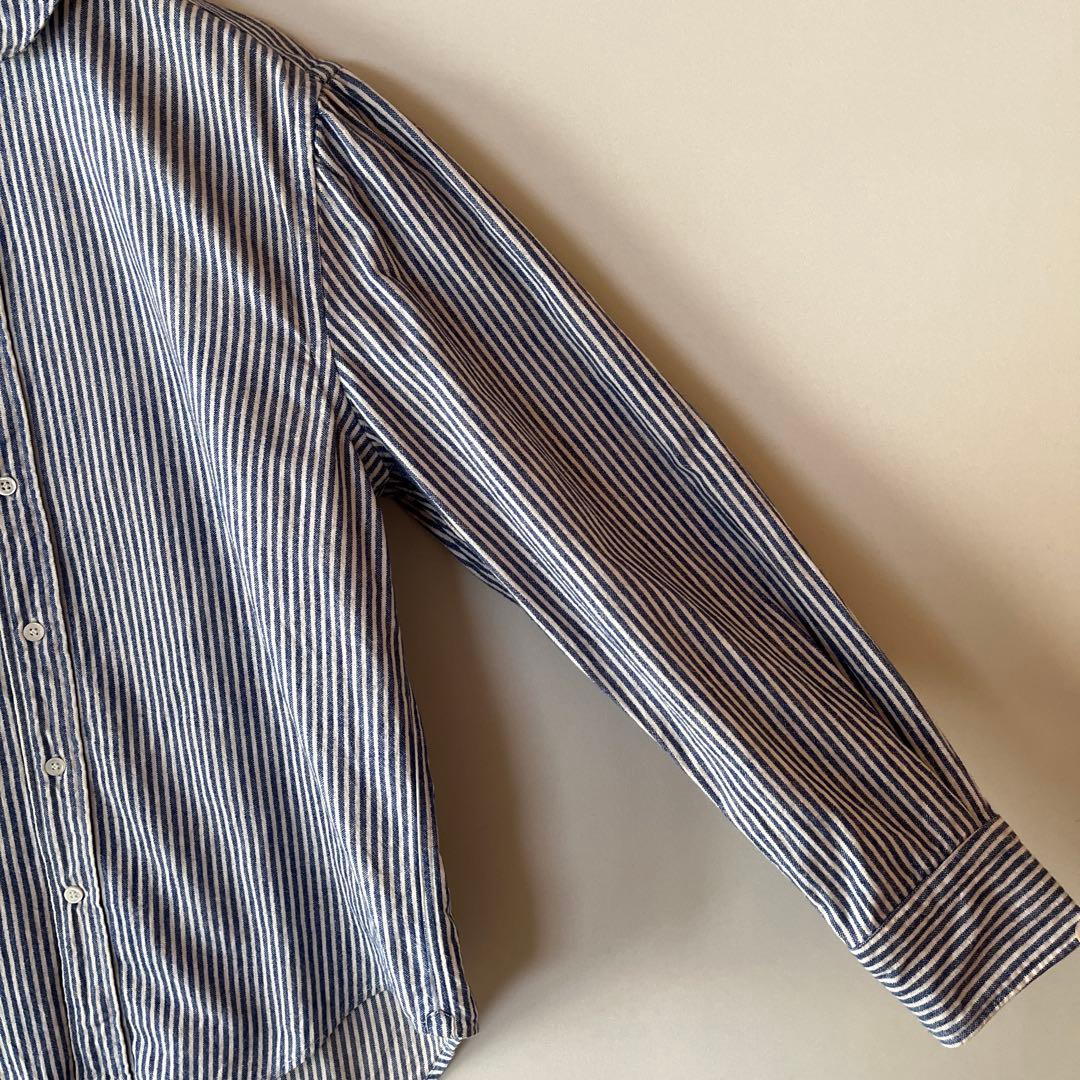 45R ストライプ柄 丸襟 コットンシャツ ブラウス 綿100% サイズ2 青白