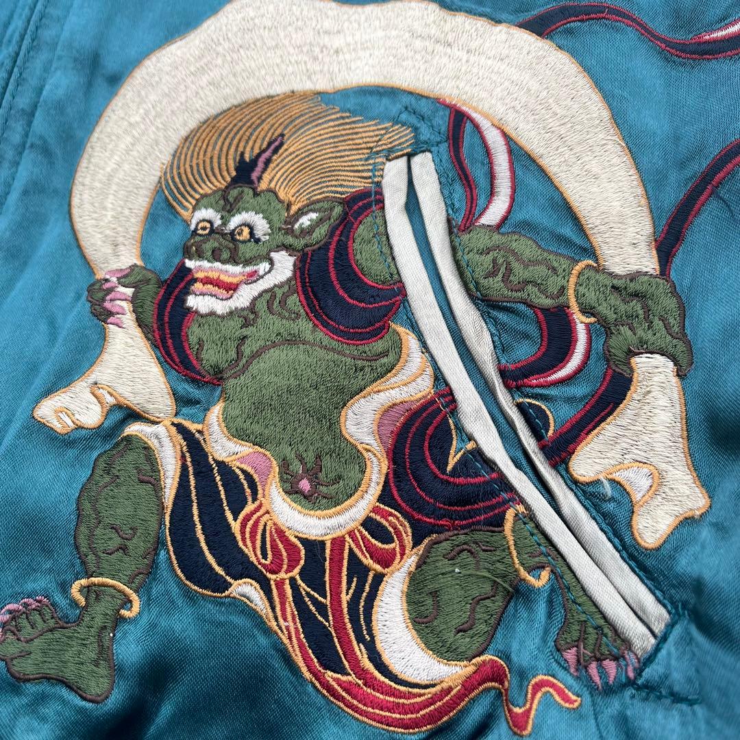 Pin Ball 風神雷神、刺繍 リバーシブル サテンスカジャン 赤　緑