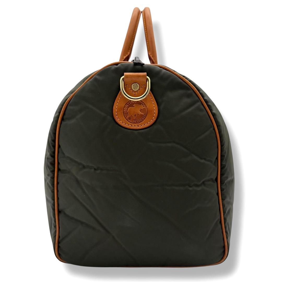 ハンティングワールド ボストンバッグ バチュークロスナイロン × レザー カーキ