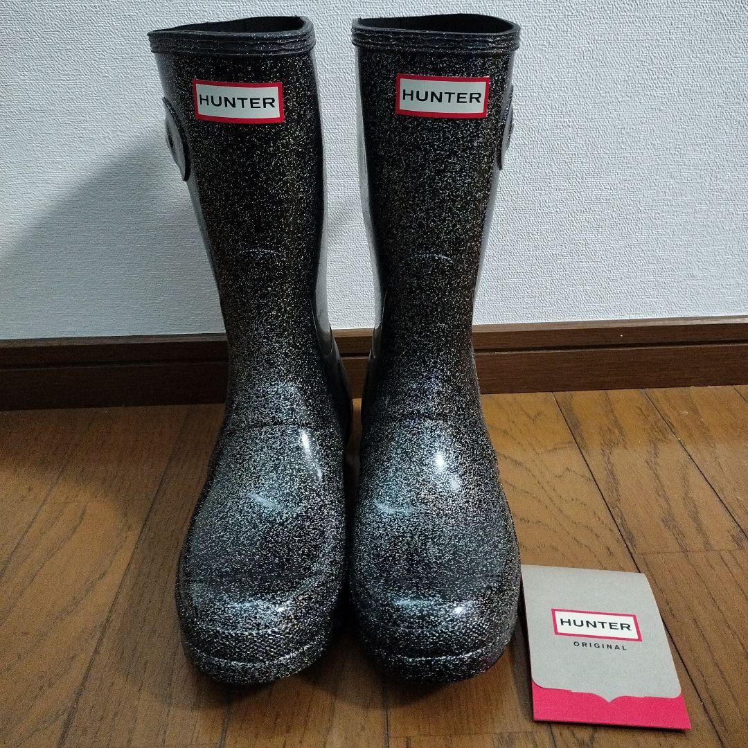 新品　箱あり！　HUNTERレインブーツ　グリッターブラック25cm