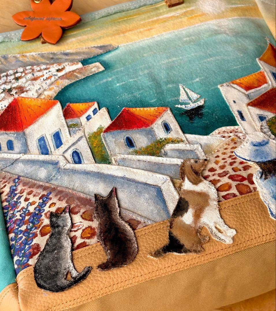 (手づくり)\"感謝溢れ出る日の夕暮れ\"レザー帆布トートバッグ/ネコ刺繍