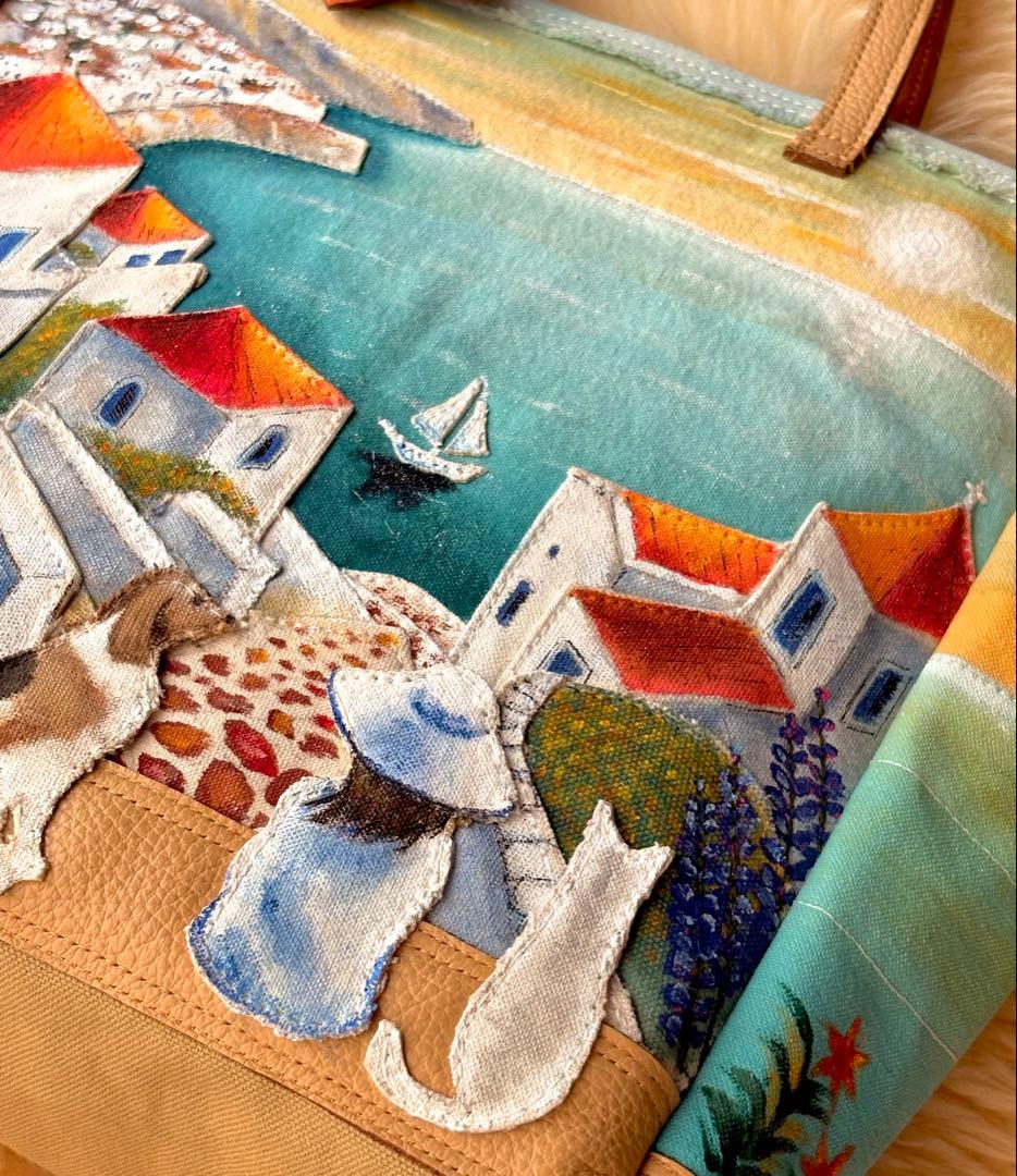 (手づくり)\"感謝溢れ出る日の夕暮れ\"レザー帆布トートバッグ/ネコ刺繍