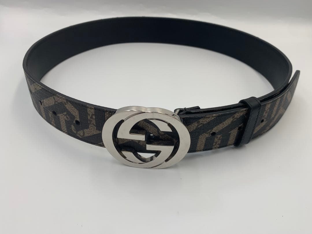 美品 グッチ　インターロッキング　ベルト　スプリームGG　PVC×レザーブラック