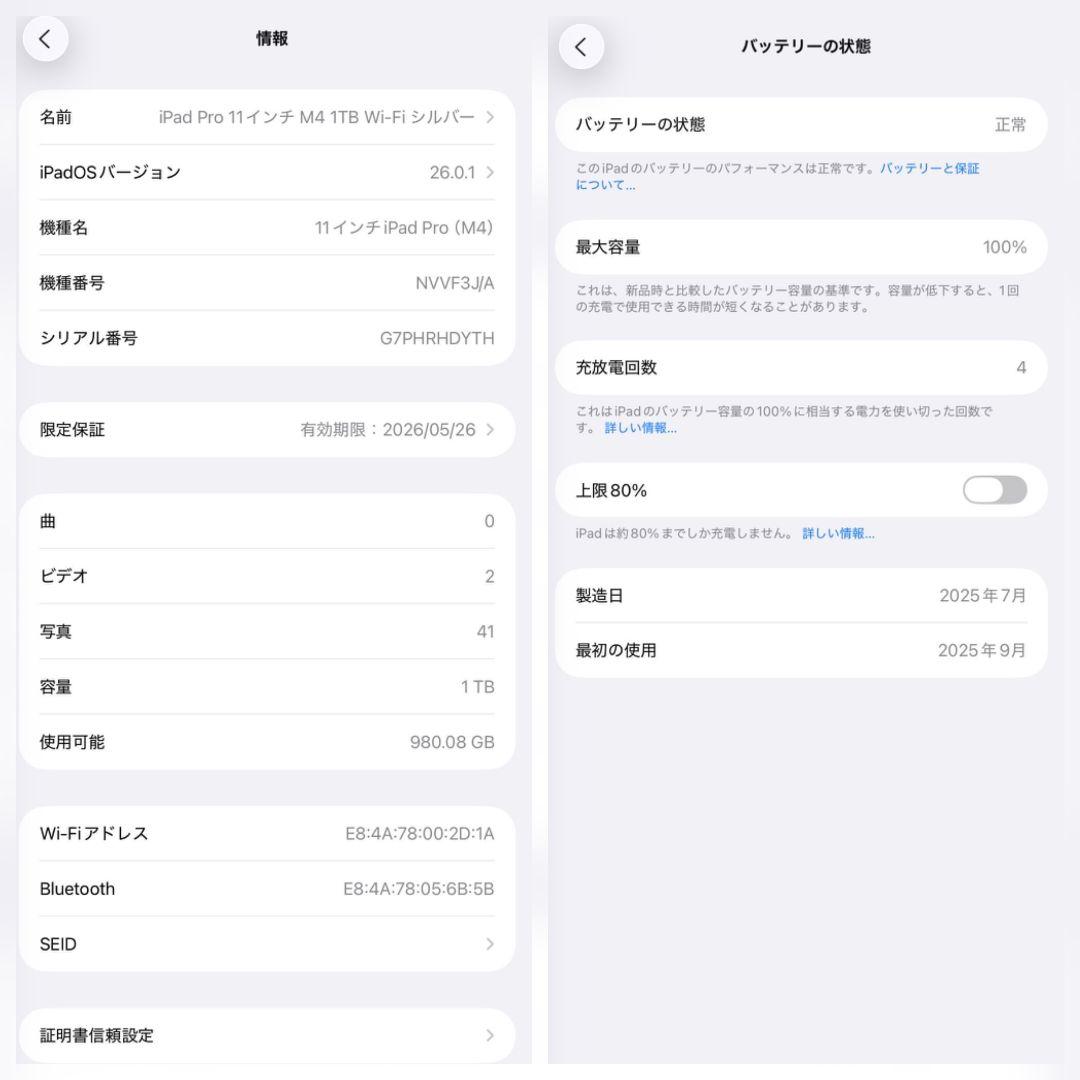 【未使用】iPad Pro 11インチ M4 Wi-Fi メモリ16GB 1TB