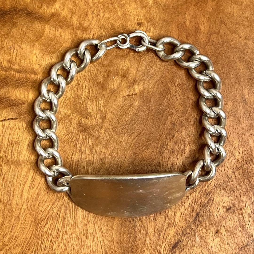 US ヴィンテージ シルバー IDヘビープレート ブレスレット STESLING