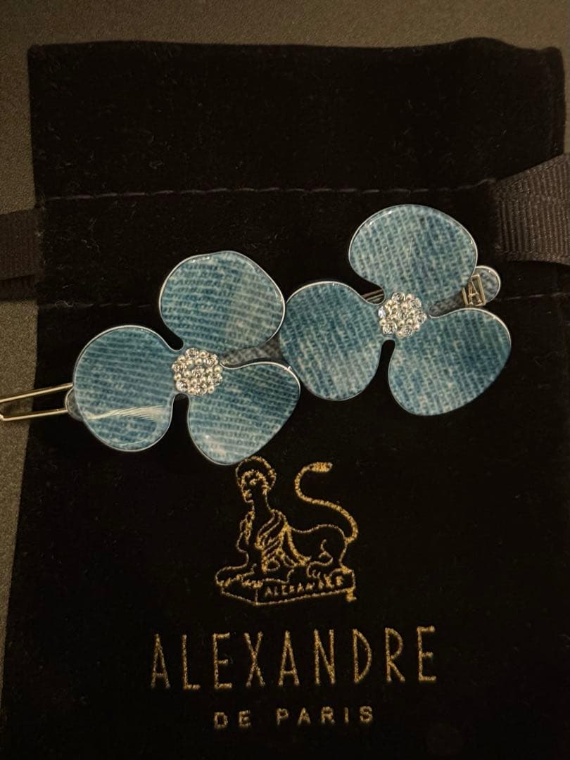 新品未使用ALEXANDRE DE PARIS双子フラワーボールピンデニムブルー