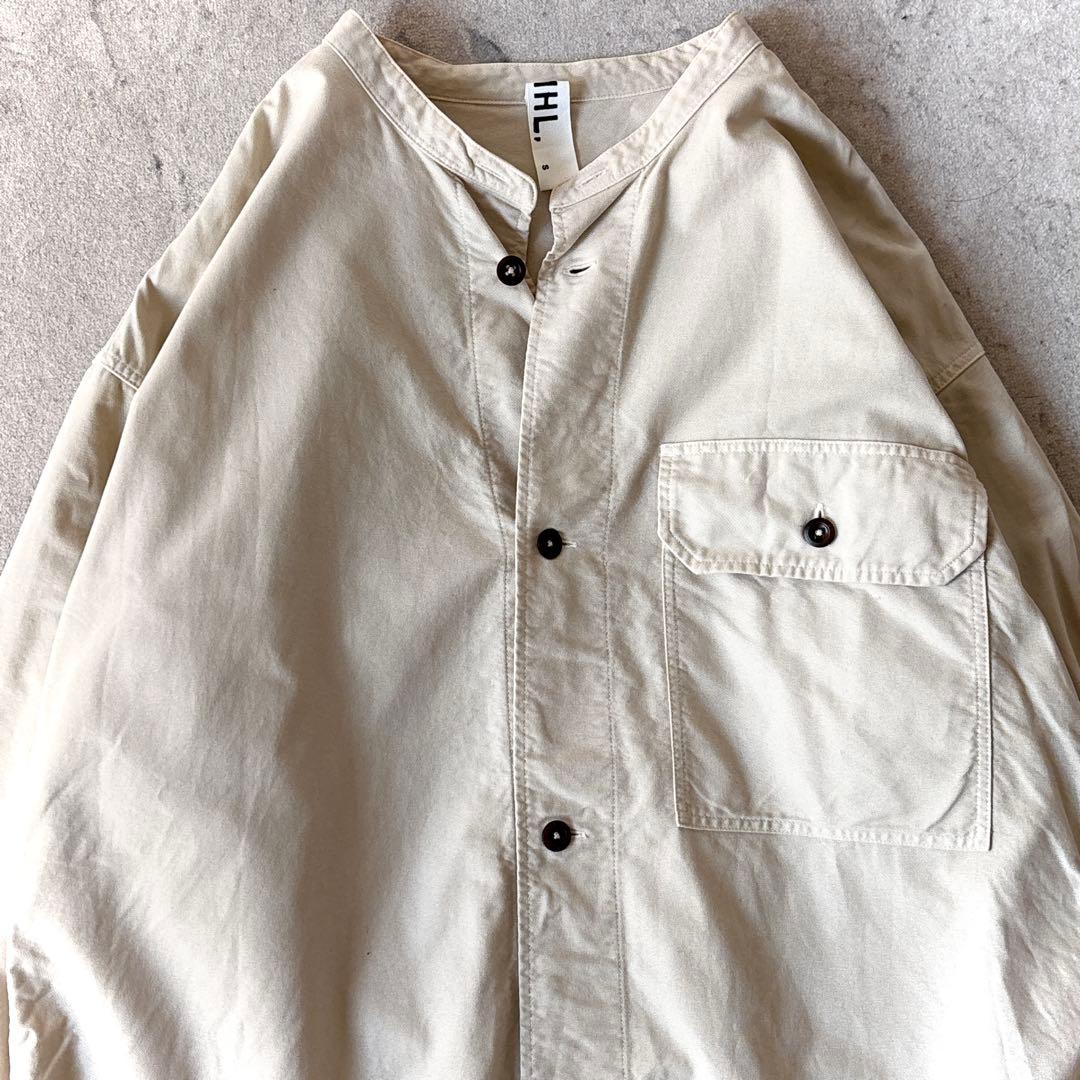 MHL. メンズ オーバーサイズ コットン バンドカラー シャツ アイボリー白_