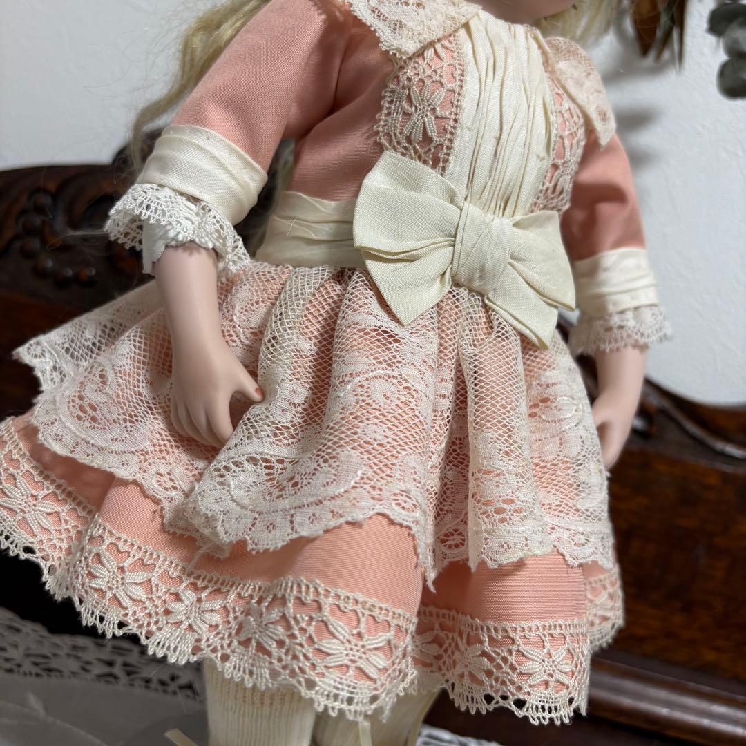 アンティークドール ビスクドール ドレス ボネ シルク ピンク レース
