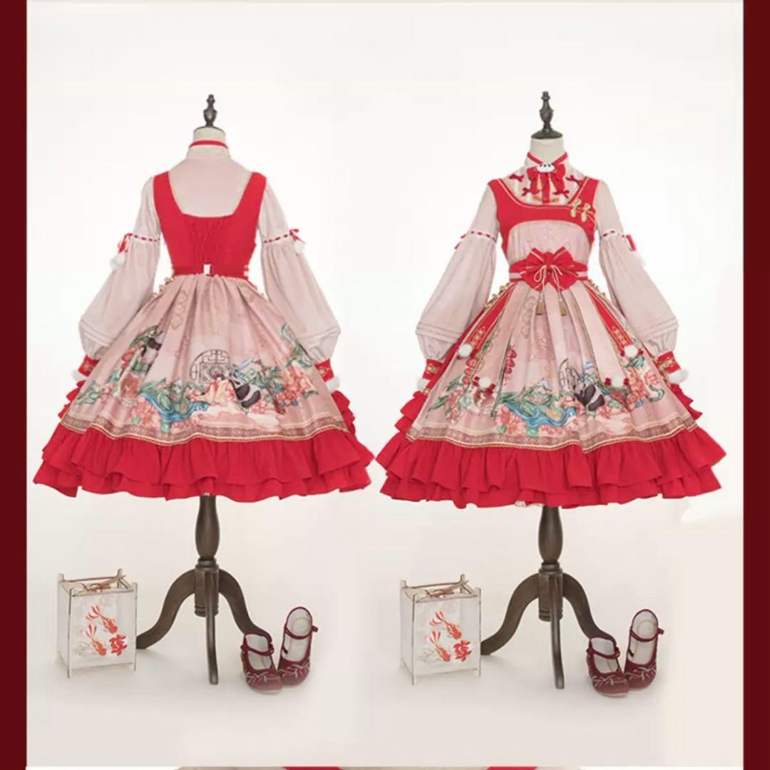 中華ロリ　チャイナ風ロリータ　パンダ　赤　ピンク　コンカフェ　M コスプレ　衣装