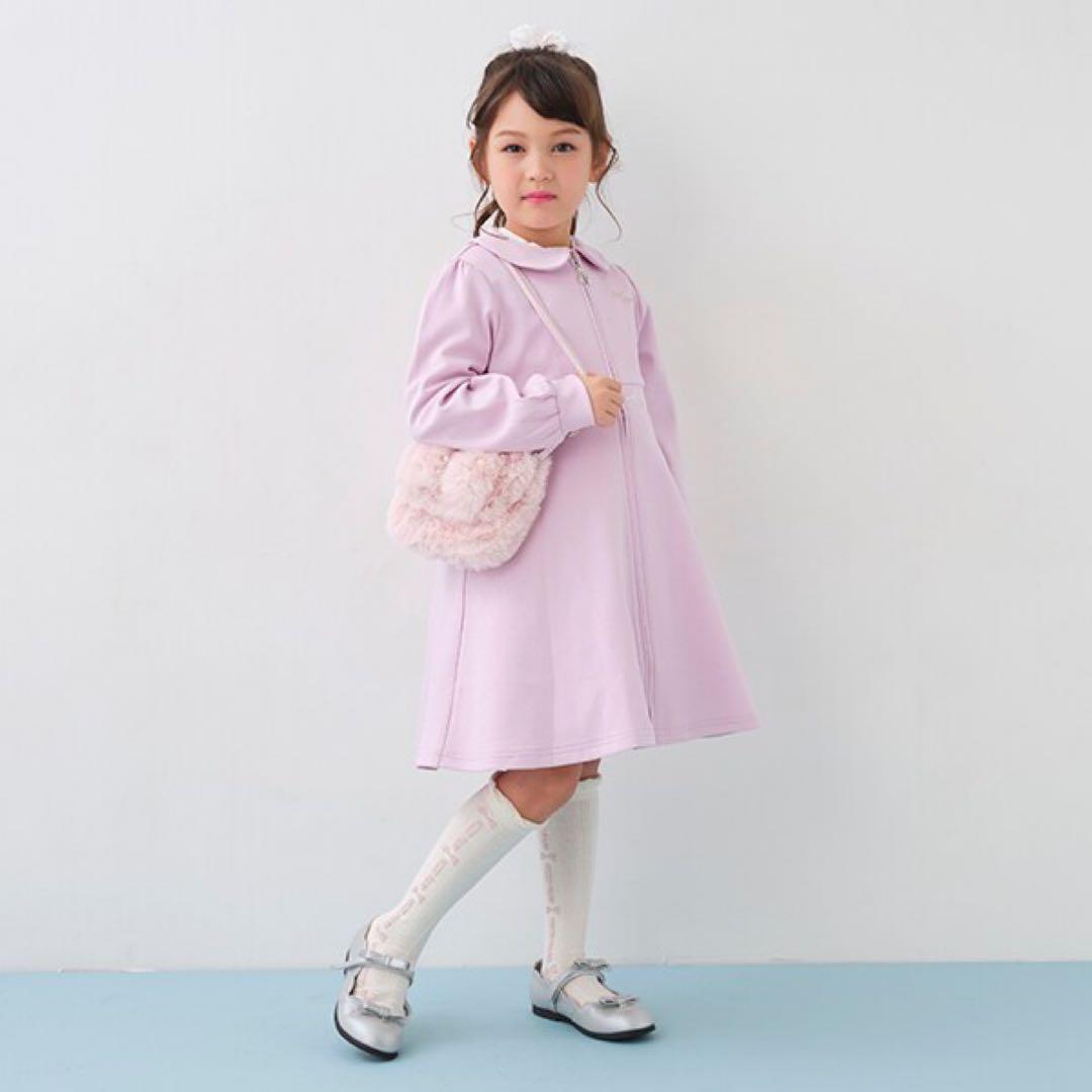 メゾピアノ　新品　140 ウエストビジュー衿つき前開きワンピース　ジップアップ