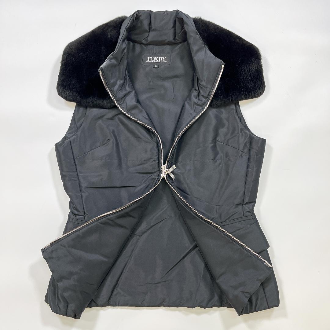 FOXEY シルク 中綿 ベスト ジレ ヌートリア ファー 黒 40 L