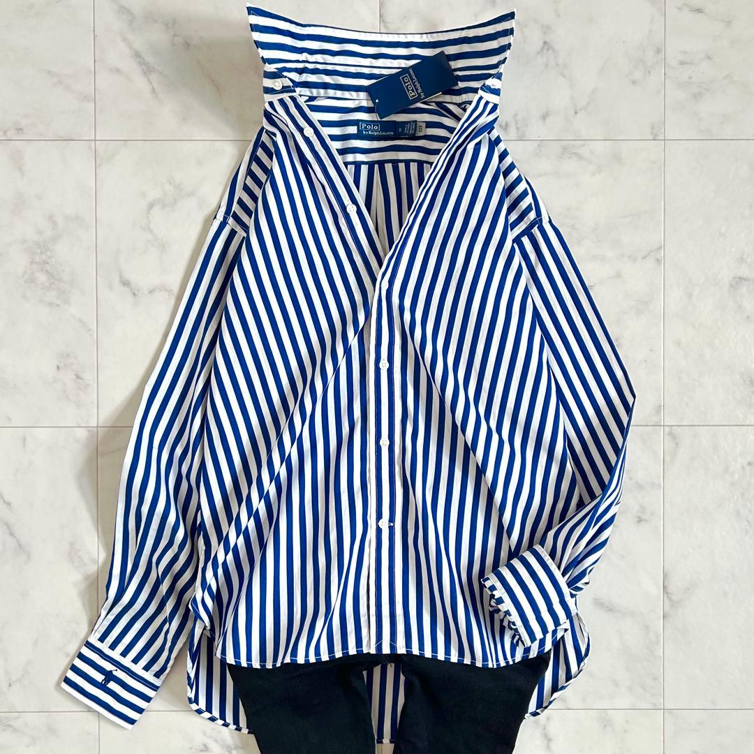 タグ付 ポロ バイ ラルフローレン ストライプ シャツ 袖ロゴ 青 近年モデル0