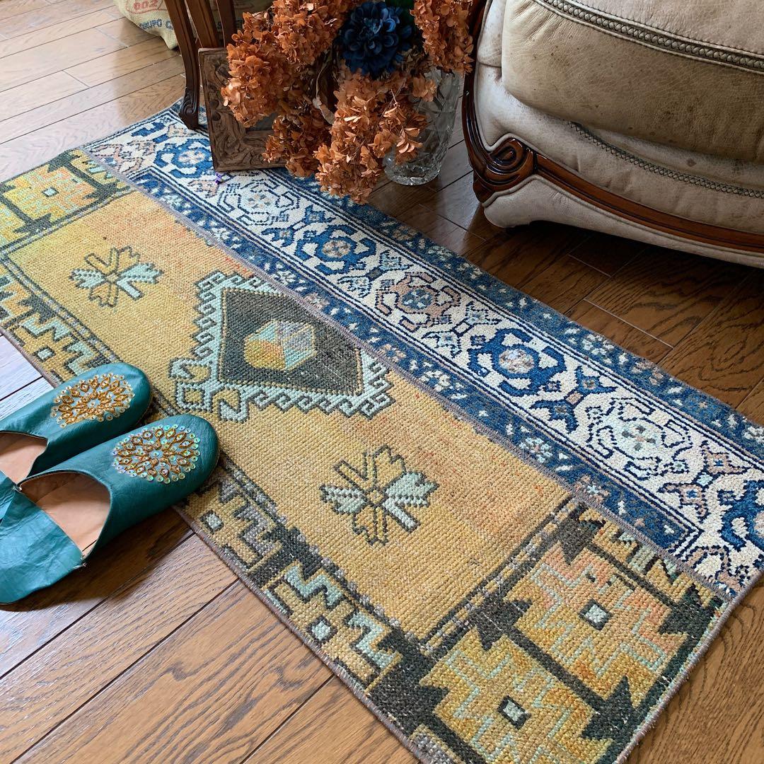 トルコヴィンテージラグ　マスタードイエロー115cm×52cm トルコラグ