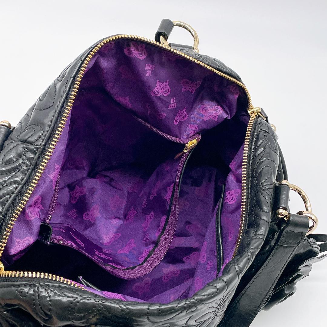 美品 ANNA SUI レザー ハンド キルティング ボストンバッグe753
