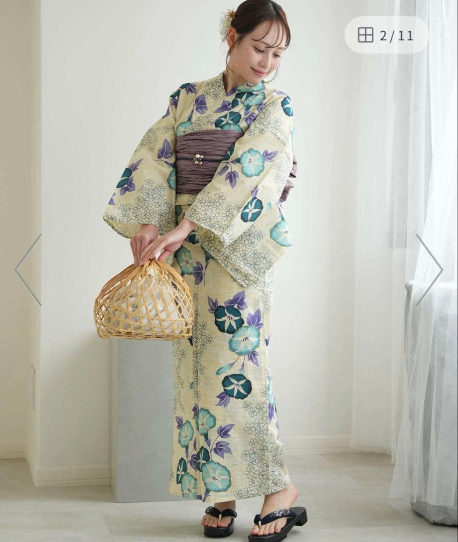 utatane 綿麻 ゆかた フリーサイズ 水色の朝顔、下駄付き