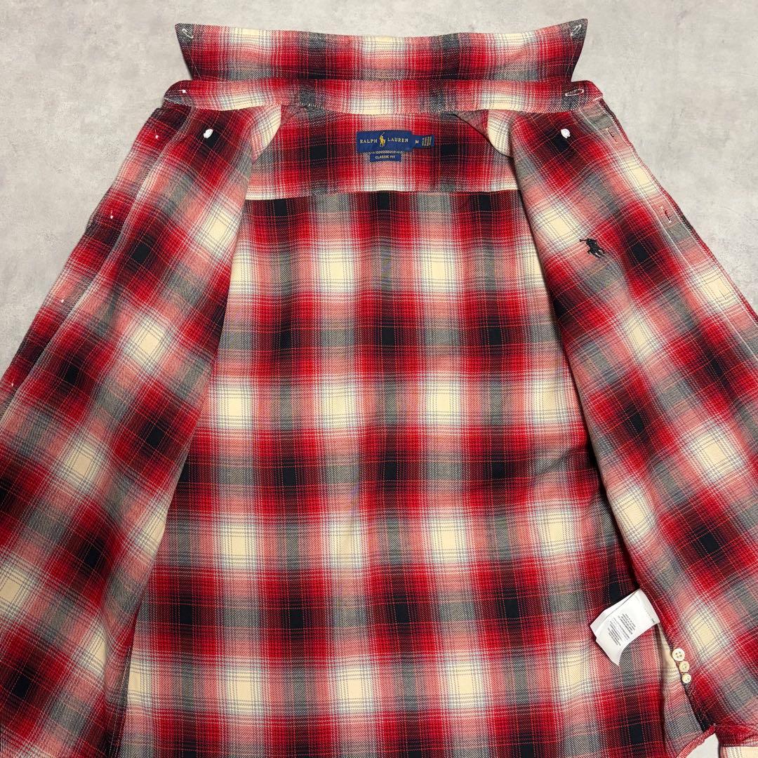 ラルフローレン 長袖シャツ オンブレチェック 刺繍　ポニーロゴ 赤 M
