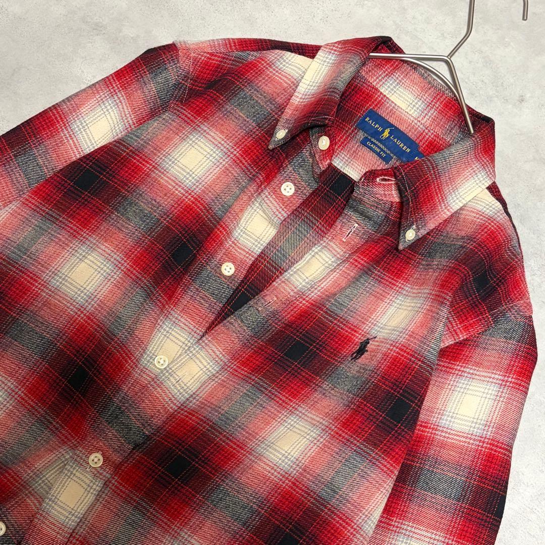 ラルフローレン 長袖シャツ オンブレチェック 刺繍　ポニーロゴ 赤 M