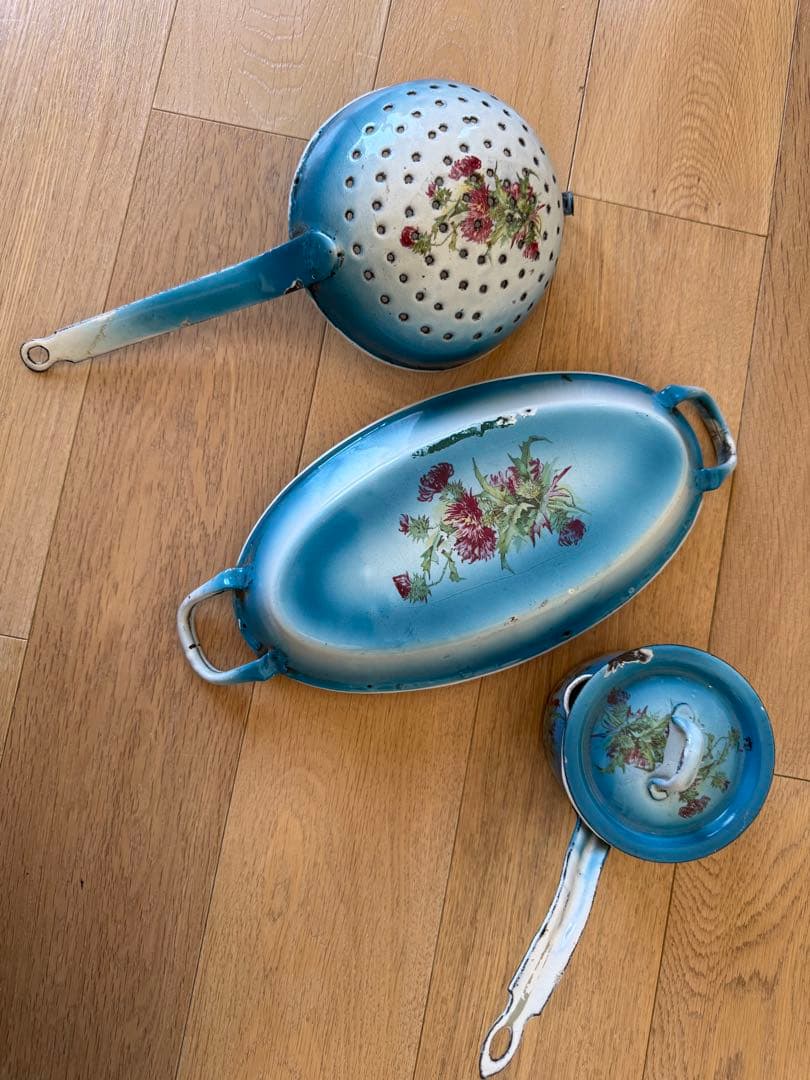 フランスアンティークホーローJapy社ウェディングセット スキマーパエリア片手鍋