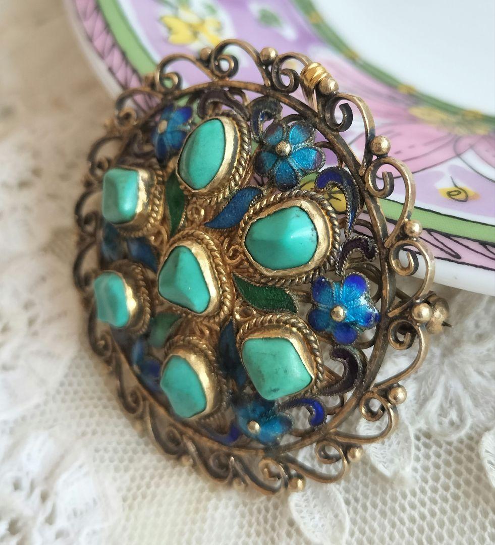 中国七宝 ターコイズ ブルーエナメルフラワーブローチ兼ペンダントトップ 銀線細工