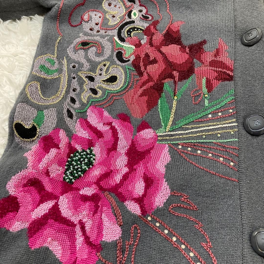 カシミヤシルク♡ レオナール カーディガン ラインストーン 七分袖 花柄 40