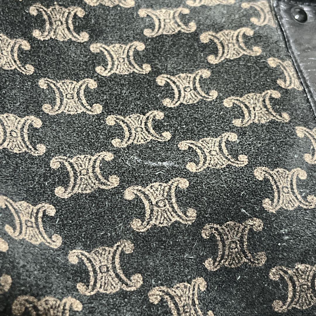 オールド　セリーヌ　ミニボストン　マカダム柄　ハンドバッグ　革ロゴ　スウェード