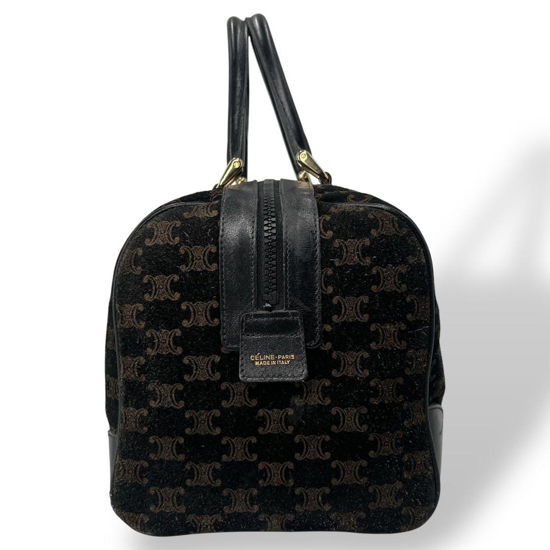 オールド　セリーヌ　ミニボストン　マカダム柄　ハンドバッグ　革ロゴ　スウェード