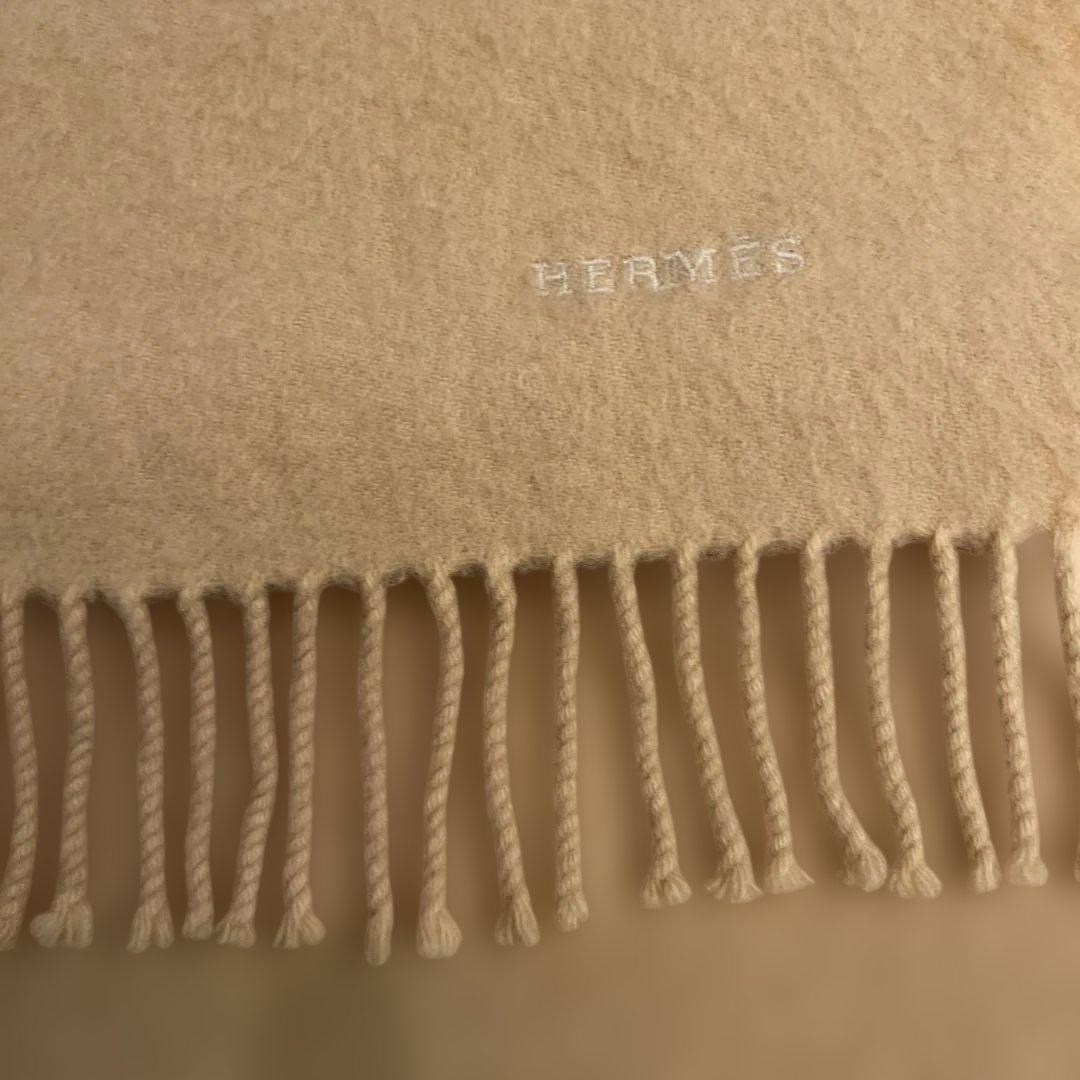 HERMÈS カシミヤ マフラー イエローベージュ フリンジ付き
