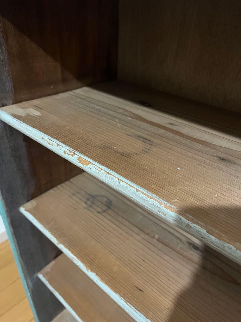 青緑の昭和レトロな本棚　木製4段　ブルーグリーン