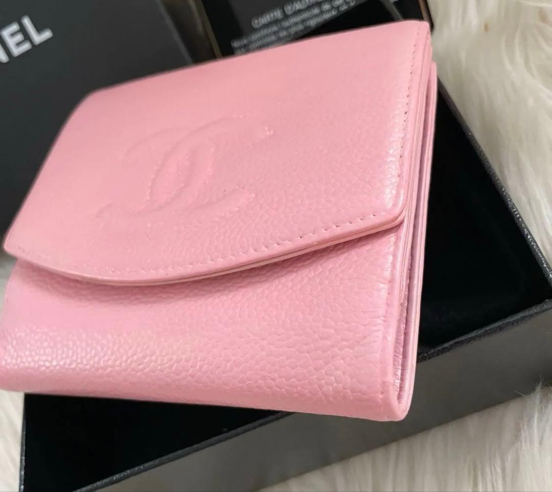 シャネル CHANEL 財布 二つ折りピンク キャビア ココマーク 正規品