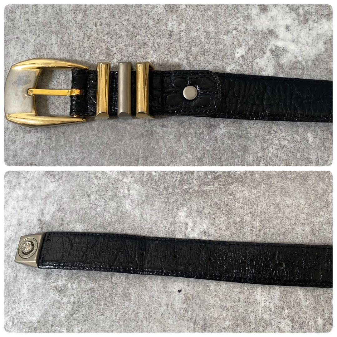 ヴェルサーチ　ベルト　クロコ型押し　レザー　ブラック　ゴールド金具