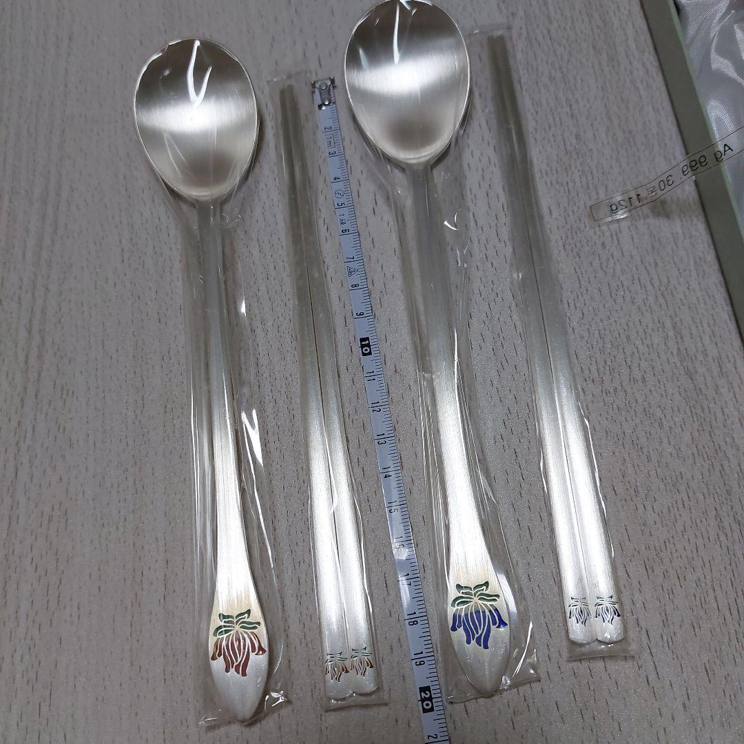 純銀製(刻印AG999)スプーン2本と箸2膳セット 純シルバー製　長寿　健康